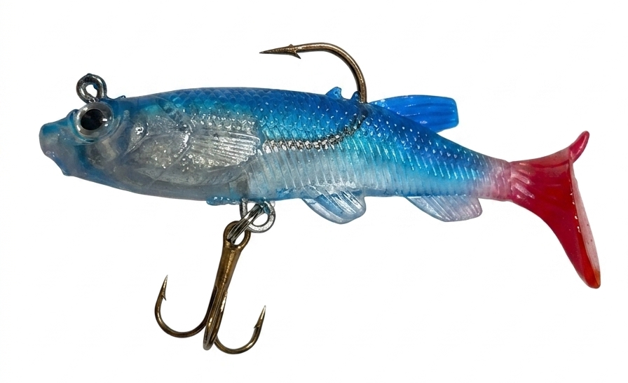 VINILO TIPO PEZ CON ANZUELO TRIPLE AZUL X5UND